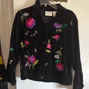 Susan Bristol Black and Pink Embroidered Jean Jacket